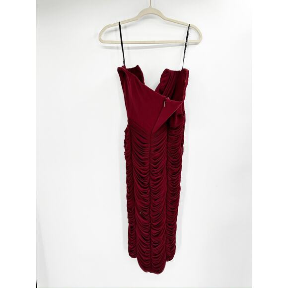 Lavish Alice Mesh Corset Ruched Strapless Midi Dress in Burgundy Red Size 18 - Picture 7 of 7